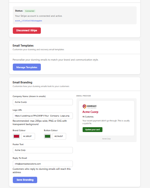 WorkAid Dunning email branding settings showing live preview