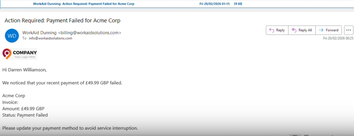 Example dunning email sent to a customer